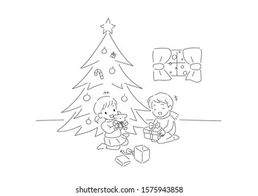 Brother and sister were excited about their gifts on Christmas Day. Vector illustration, stroke lines.