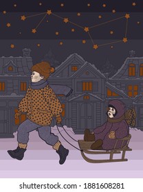 brother is taking his little sister on a sled home from a walk on a starry clear winter evening, under the constellation of the Big Dipper