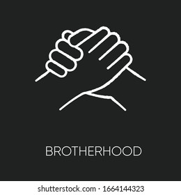 Brotherhood Chalk White Icon On Black Background. Strong Friendship, Interpersonal Bond, Togetherness, Unity And Fellowship. Manly Handshake Isolated Vector Chalkboard Illustration