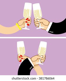 Brotherhood to drink wine. first vidanie. Man and woman drinking champagne from glasses. Clinking of glasses. Mens hand in suit jacket. Female hand necklace 