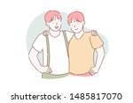 Brotherhood, friendship, partnership concept. Two twin brothers embrace each other. Guys are friends standing together. Simple flat vector.