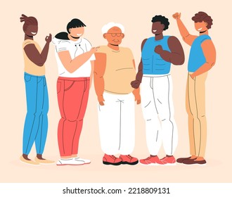 Brotherhood, Happy Mantogether Concept Vector. Crowd Of Deverse Group. People Are Welcoming. Active Fans Support, Smiling. Men Of Different Age Celebrate Event.