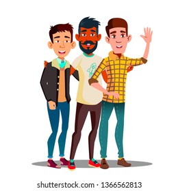 Brotherhood, Multiethnic Male Friends Vector Cartoon Characters. Brotherhood, Friendship Clipart. Asian, Dark Skin, European Guys Together. Unity In Diversity. International Students Flat Illustration