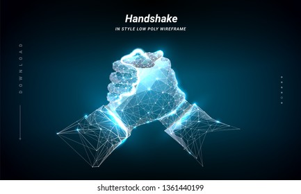 Brotherly handshake. Abstract hands in the form of a starry sky. Isolated blue  hand on dark background. Low poly wireframe. Particles are connected in a geometric silhouette