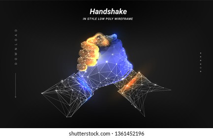 Brotherly handshake. Abstract hands in the form of a starry sky. Isolated blue and orange hend on dark background. Low poly wireframe. Particles are connected in a geometric silhouette