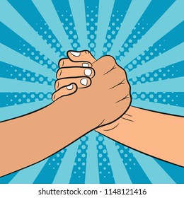 Brotherly handshake illustration in pop art style. Friends shake hands. Comic background. Vector.