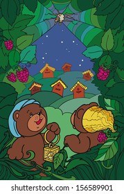 Brothers bears the apiary. Vector drawing. Illustration of children's books