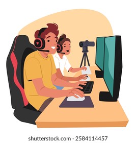 Brothers or best friends game streamer cartoon characters playing leading live streaming on internet of competition while sitting front of computer vector illustration. Student hobby occupation