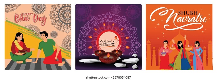 The brothers celebrate Bhai Dooj. Celebrate the festive spirit. Three people in festive attire celebrating Shubh Navratri by holding traditional diyas. Set flat vector modern illustration 