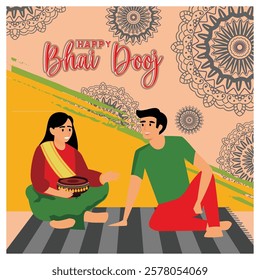 The brothers celebrated Bhai Dooj, showcasing family traditions, Indian heritage and festive colors with beautiful cultural motifs. Flat vector modern illustration