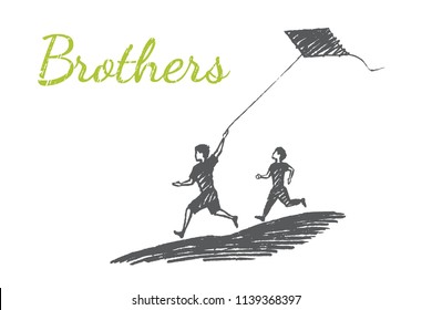 Brothers concept sketch, vector hand drawn illustration. Two brothers run down the slope and launch a kite.