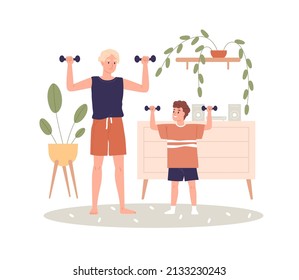 Hermanos haciendo ejercicios de fuerza en casa. Formación familiar. Niños felices, adolescentes y niños, con campanas sucias durante el entrenamiento deportivo. Ilustración vectorial plana aislada en fondo blanco