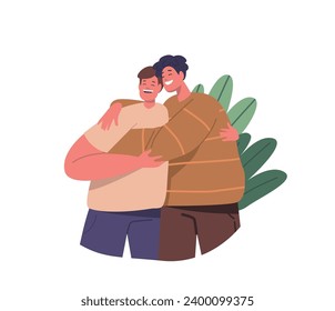 Brothers or Friends Characters Embrace In A Heartfelt Hug. Smiles And Warmth Exchanged, A Bond Unbroken By Time