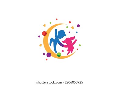 Brothers logo playing on the crescent moon decorated with colorful stars and bubbles