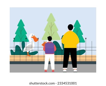 Brothers looking at big and small pelicans from outside the captivity, zoo vector illustration.