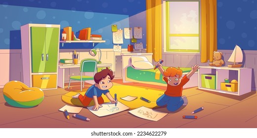 Brothers play in kids daycare room or home bedroom interior. Creative children painting in albums sitting on floor with scatter pencils in cozy interior, Cartoon linear flat vector illustration