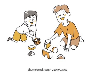 Brothers playing with toys, warm hand-drawn portrait illustrations, vector on a white background