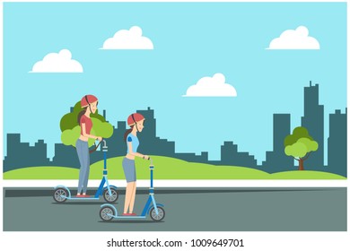 brothers ride scooters together in the park, vector illustrations