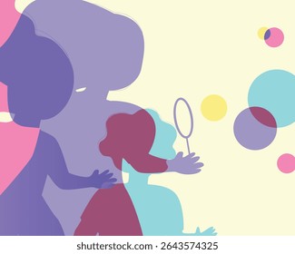 Brothers and sister playing with soap bubbles, silhouette vector stock illustration with silhouettes children