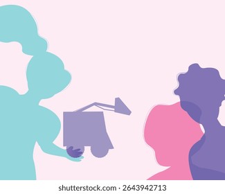 Irmãos e irmã brincando com carro de brinquedo, silhueta vetor ilustração stock com silhuetas crianças