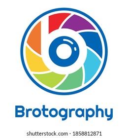 Brotography. The letter B and camera lens are rainbow-colored for the photographic logo.