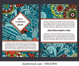 Brouchure design template for company with blue floral and swirls decorative pattern, vector illustration