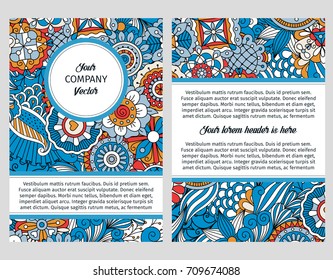 Brouchure design template for company with blue floral decorative pattern, vector illustration