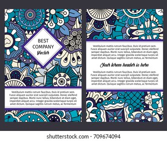 Brouchure design template for company with Blue floral outline ornamental pattern in ethnic style, vector illustration