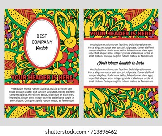Brouchure design template for company with colorful ornamental decorative background in yellow and green colors. Vector illustration