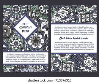 Brouchure design template for company with floral seamless decorative ornamental design pattern, vector illustration