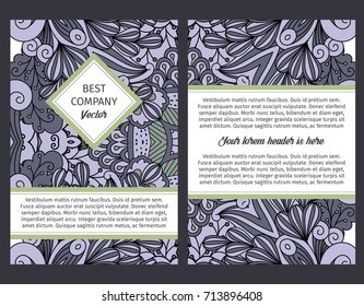 Brouchure design template for company with outline swirls and leaves in grey and black colors, vector illustration