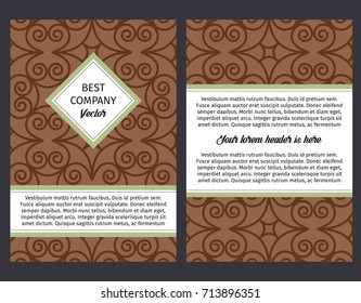 Brouchure design template for company with vintage brown swirl oriental decorative pattern, vector illustration