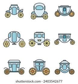 Juego de iconos de carro de Brougham. Conjunto de esquemas de iconos vectoriales de carro de brougham color de línea delgada plano sobre blanco