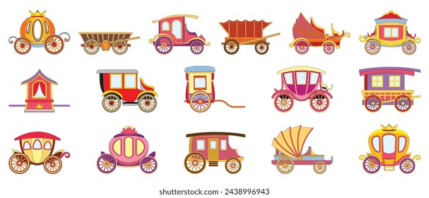 Brougham icons set cartoon vector. Horse carriage. Chariot luxury