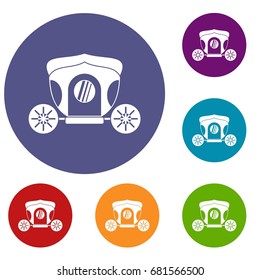 Brougham icons set in flat circle red, blue and green color for web