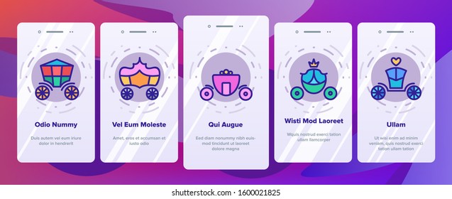 Brougham Onboarding Mobile App Page Screen Vector. Classical Antique Coach And Elegance Carriage, Luxury Brougham Princess Transport Illustrations