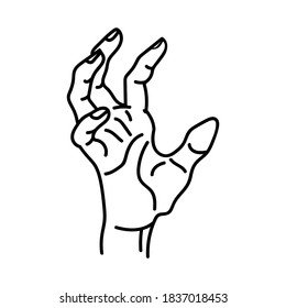 Una mano coronada sobre un fondo blanco con líneas de contorno beige está aislada sobre un fondo blanco.