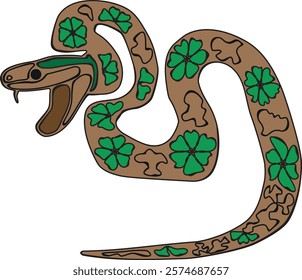 A broun snake with  patterned spots. Its green like flowers spots, makes abstract shapes scattered along its body. The snake’s form coils and weaves. Snakes  sinuous movements almost hypnotic.