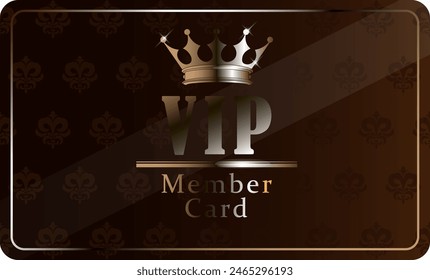 Broun VIP card with gold elements and crown close up. Vector image.