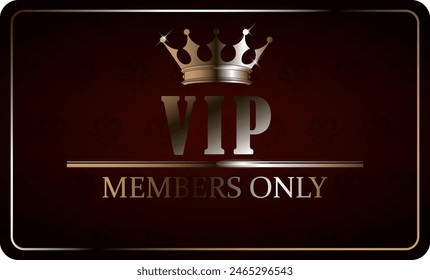 Broun VIP card with gold elements and crown close up. Vector image.