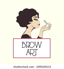 Brow art and beauty salon vector logo.Cute woman with elegant makeup and hairstyle, holding tweezers for plucking eyebrows.