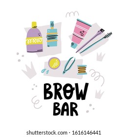 Brow bar hand drawn lettering and eyebrows tools with abstract decoration in modern style for brow bar banner design, landing.