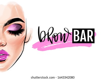 Brow bar logo. Vector beautiful woman face. Girl portrait with long black lashes, brows, sexy lips. ad Bright make-up. Fashion illustration for beauty salon, posters and social media.