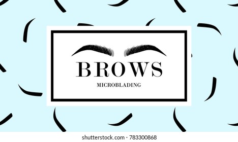 Brow design logo business card template with hand drawing eyebrow and with eyebrows seamless print on blue background. Vector logo for beauty studio brow bar, Female graphic Eyebrow Illustration