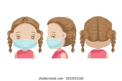 brow hair little girl face mask. front, side and rear view. head of preschool character. Covid-19 prevention concept.