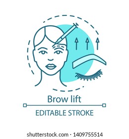 Brow lift concept icon. Cosmetic procedures idea thin line illustration. Forehead lift. Rejuvenation. Forehead and brow skin raising. Vector isolated outline drawing. Editable stroke
