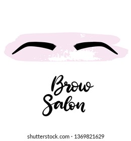 Brow salon lettering vector illustration for beauty studio, fashion blog, logo, brow master, professional makeup artist. Pink paint smear on the background. EPS10