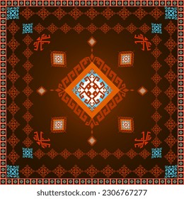 Hermosa bufanda geométrica de seda naranja rojizo. Moda tradicional nativa de la portada oriental. Diseño para tela, decoración de tela, textil, textura, elemento, vector, ilustración, impresión, envoltura, pared