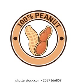 Brown 100% Peanut isolated round stamp sticker vector illustration. Symbol or icon.