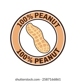 Brown 100% Peanut isolated round stamp sticker vector illustration. Symbol or icon.